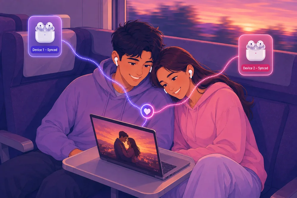 Couple watching a movie together, each using their own Bluetooth earbuds synced with SynchCast