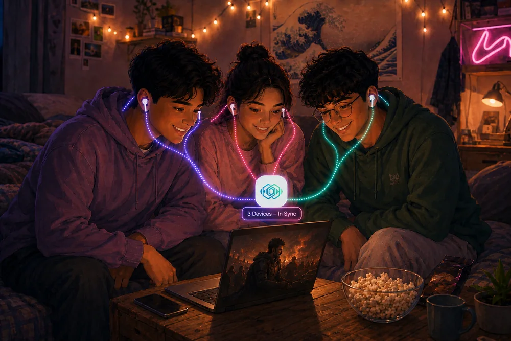 Three friends in a hostel room watching a movie together, each connected via their own earbuds synced through SynchCast
