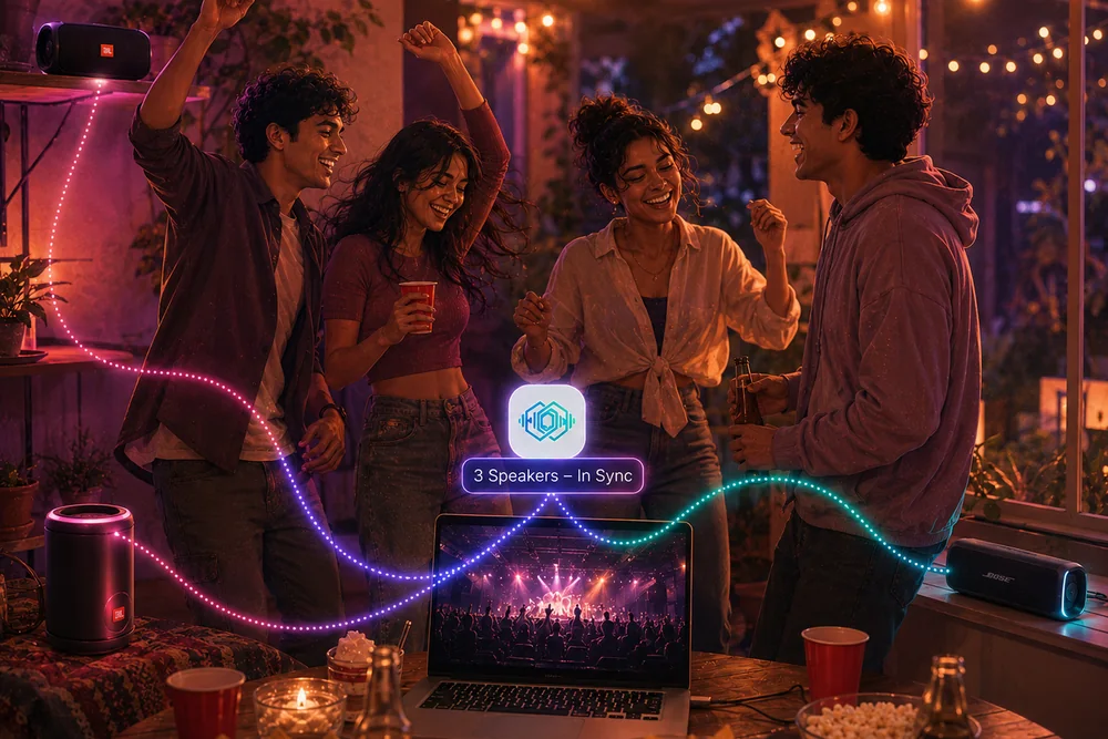 Friends at a house party dancing while three Bluetooth speakers play perfectly synchronized music from one laptop via SynchCast